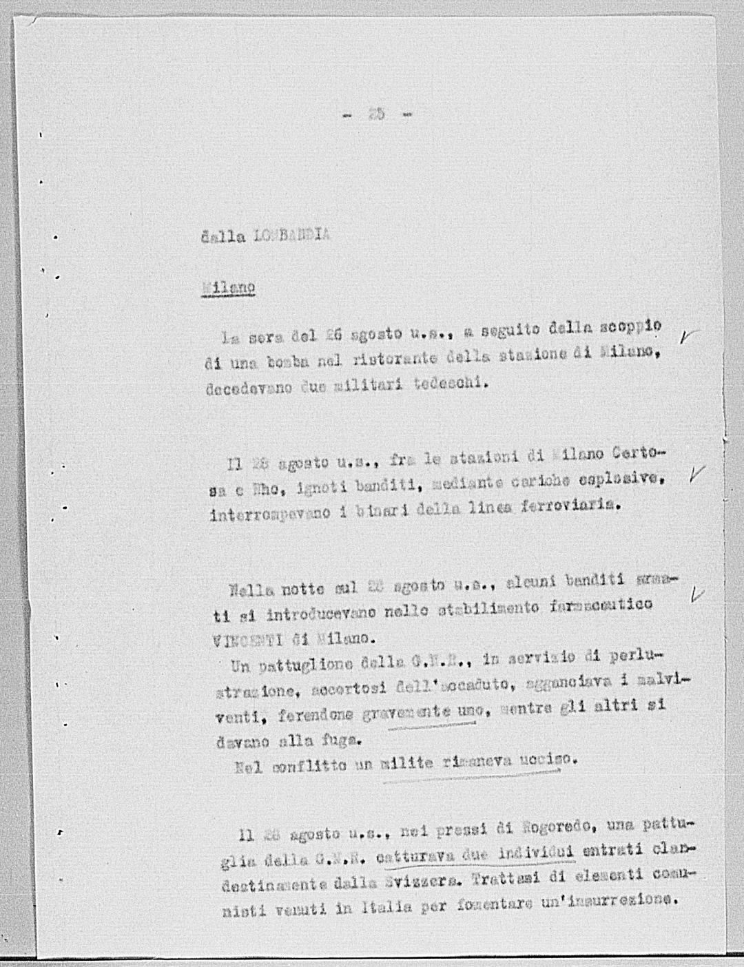 Notizia tratta dal Notiziario della Guardia Nazionale Repubblicana del giorno 03-09-1944
